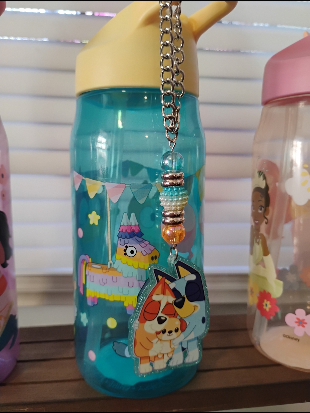bluey 16 oz bottle with handmade cup charm